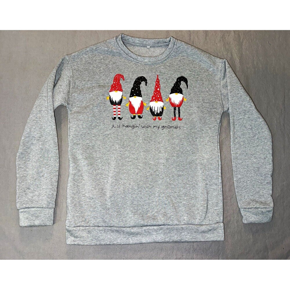 Women’s  Gray Crewneck Pullover Sweatshirt Christmas Gnome Graphic Print L